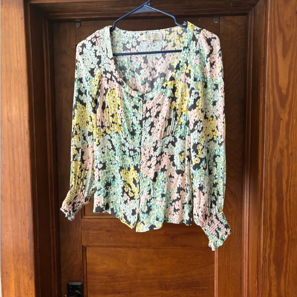 LOFT Cream Ruffled Blouse with Buttoned Details